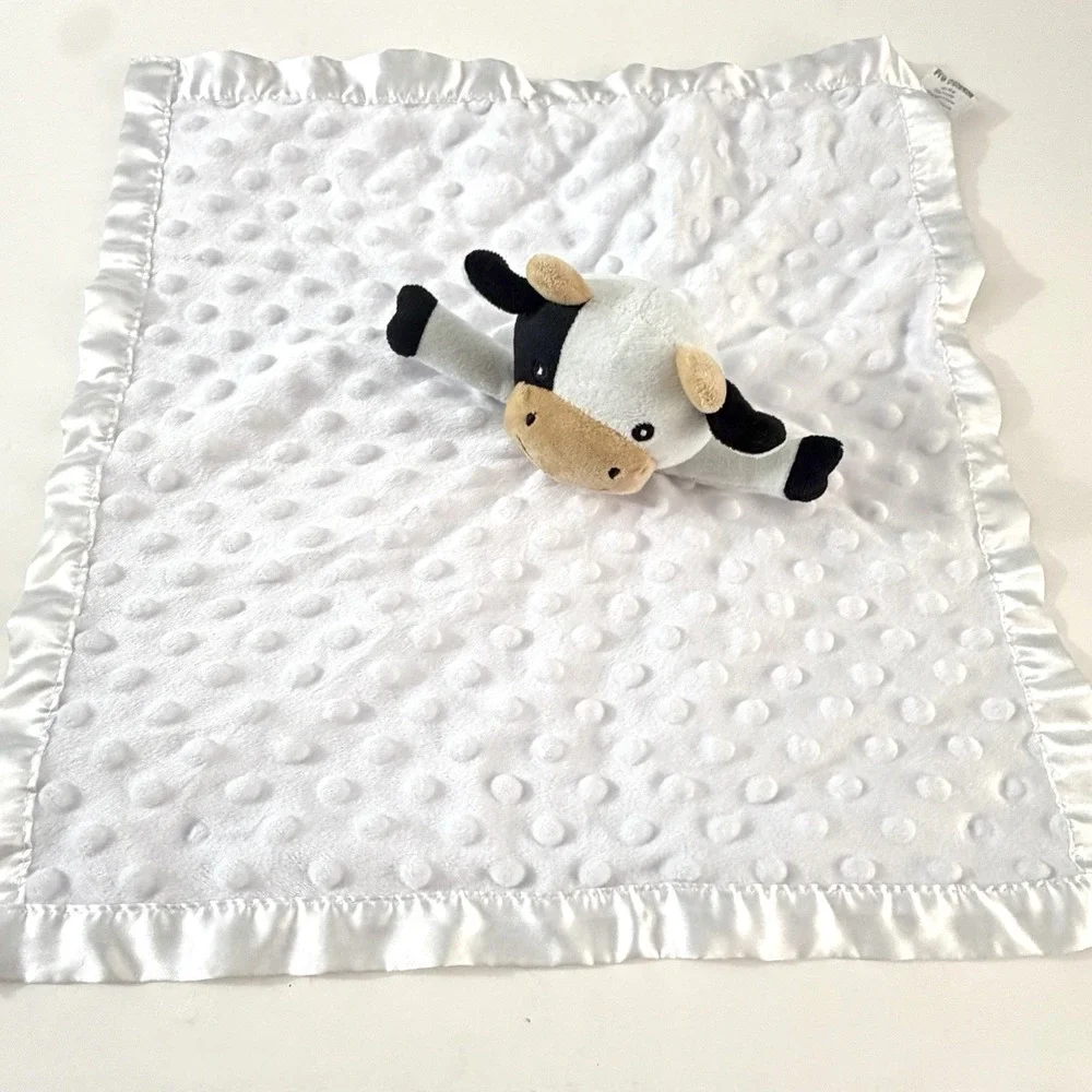 Pro Goleem Cow Baby Lovey Security Blanket 16x16 White Minky Satin Trim Plush